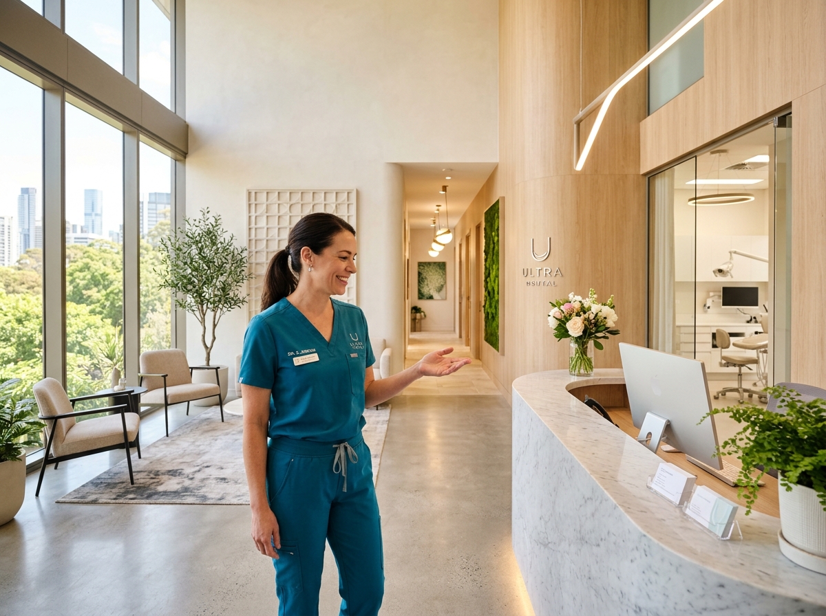 Modern luxury SmileAura Dental Clinic interior with welcoming dental team